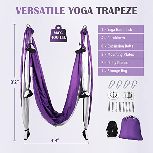 Aerial Yoga Swing Kit - Strong Yoga Hammock with Ceiling Mount - Purple