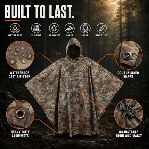 USGI Industries Military-Style OCP Multicam Rain Poncho Waterproof Ripstop Camouflage