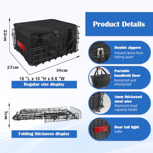 Folding Rear Bike Basket with Waterproof Liner Bag - 56 lb Capacity