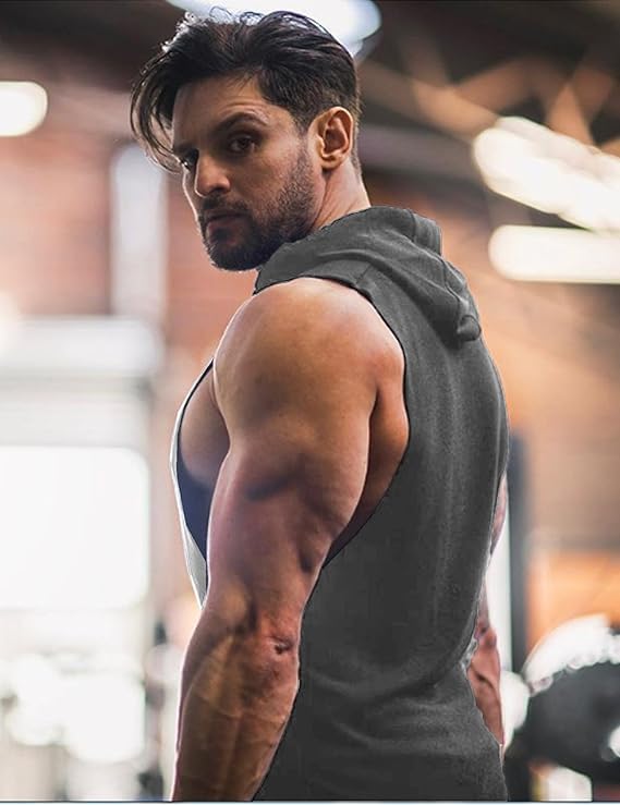 COOFANDY Men's 2 Pack Workout Hooded Tank Tops - Bodybuilding Muscle Cut-Off Sleeveless Gym Hoodies, Large / Black & Dark Grey