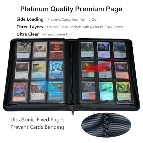 Black Rayvol 9-Pocket Card Binder for 828 Trading Cards - Side Loading, Ringless, Water-Resistant, Zippered Collection Album