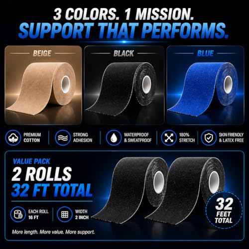 Kinesiology Tape Roll - Waterproof Sports Tape, 2 Rolls 16ft - Black