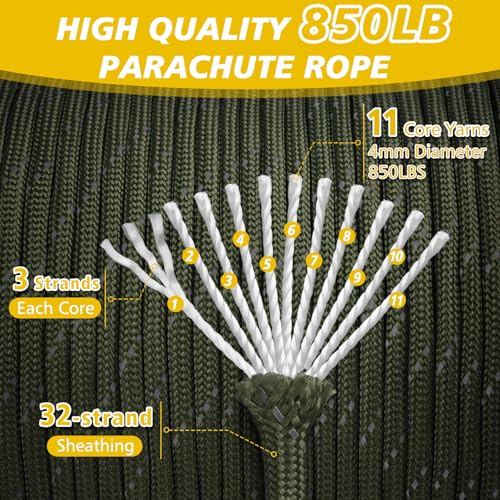 850LB Reflective Paracord Rope - 4MM, 100FT Army Green