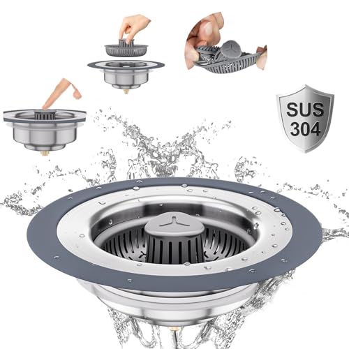 Auspok 3 in 1 Universal Kitchen Sink Drain Strainer Stopper–304 Stainless Steel & Silicone Anti-Clog Basket,3-Layer Leak-Proof Ring for 3.5”US Standard Drains,Easy-Clean,Odor Isolation,No Installation