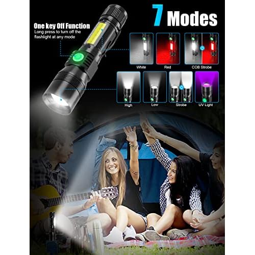 UV Rechargeable Flashlights Tactical,1000 High Lumens 3 in 1 LED Black Light Flashlight -Magnetic Base/Sidelight/Zoomable, Bright Pocket Flash Light for Stains Detection Camping Emergency,2PCS
