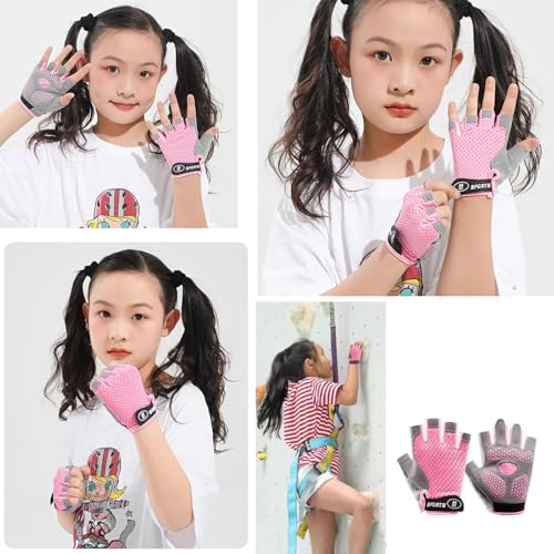 Kids Fingerless Cycling Gloves - Non-Slip, Pink for Ages 5-8