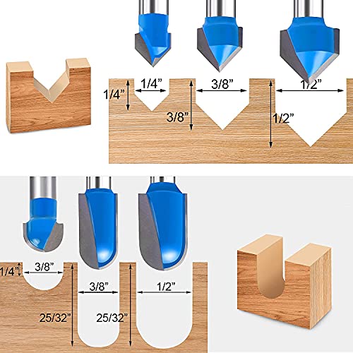 Newdeli 6Pcs Round Nose Router Bit and 90 Degree V Groove Router Bit Set 1/4" Shank Cove Box Router Bits Juice Groove Router Bits CNC Woodworking Tool