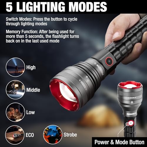 Arrow Rechargeable 5000 Lumens LED Flashlight with 5 Modes, USB-C
