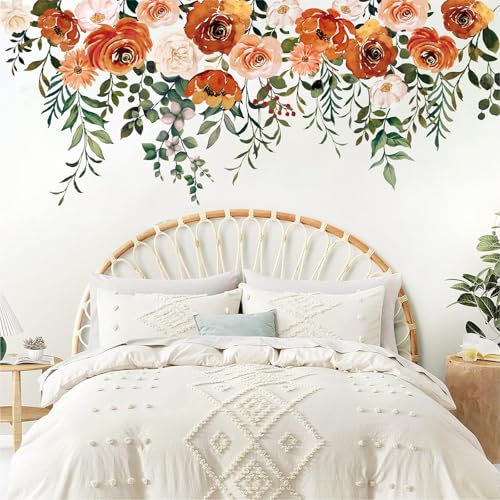 Fall Flower Wall Stickers Large Boho Watercolor Floral Leaves Wall Decals Removable Vintage Room Mural Stickers for Autumn Home Party Bedroom Living Room Decor, 11.8 x 35.4 Inch, 3 Sheets