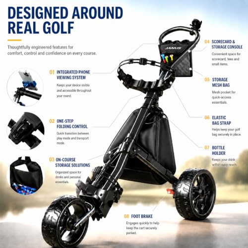 3-Wheel Golf Push Cart with 360° Phone Holder - Black