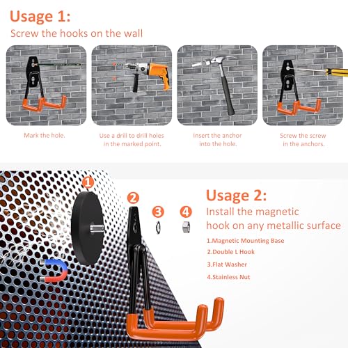 ENUODA Strong Magnetic Hooks Heavy Duty 4 Pack Magnet Garage Hook Heavy Duty Rare Earth Magnets Utility Storage Hooks for Hanging Ladder, Power Tool, Toolbox, Shovel, Broom, Extension Cord