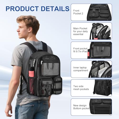 Heavy Duty Mesh Backpack for Hiking & Sports - Black 25L