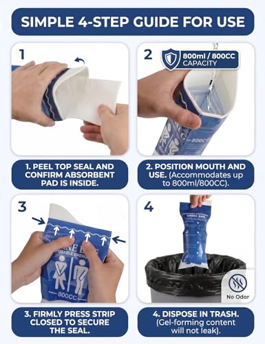 800ML Portable Disposable Urine Bags - Blue, 6 Pack