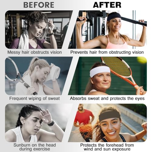 10-Pack Non-Slip Cotton Headbands for Sports & Yoga - Black, Gray, White, Blue