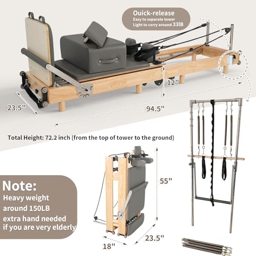 Wood Pilates Reformer Machine with Tower - Foldable Home Equipment