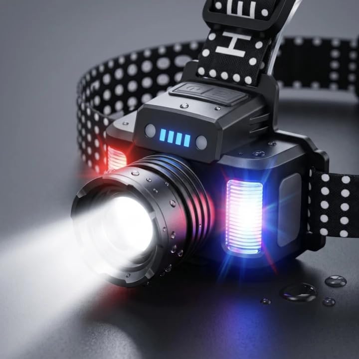 SKYFIRE SF-546J-W Rechargeable 3000 Lumen Headlamp with Zoom, Red/Blue Light, Motion Sensor