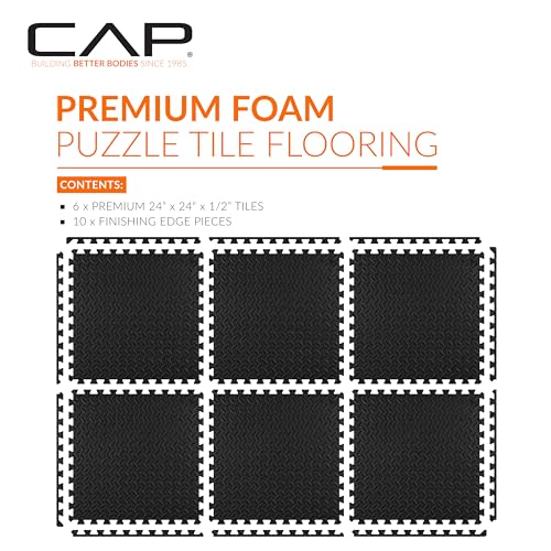 Interlocking Foam Exercise Mats - Diamond Texture, Black - 6 Tiles