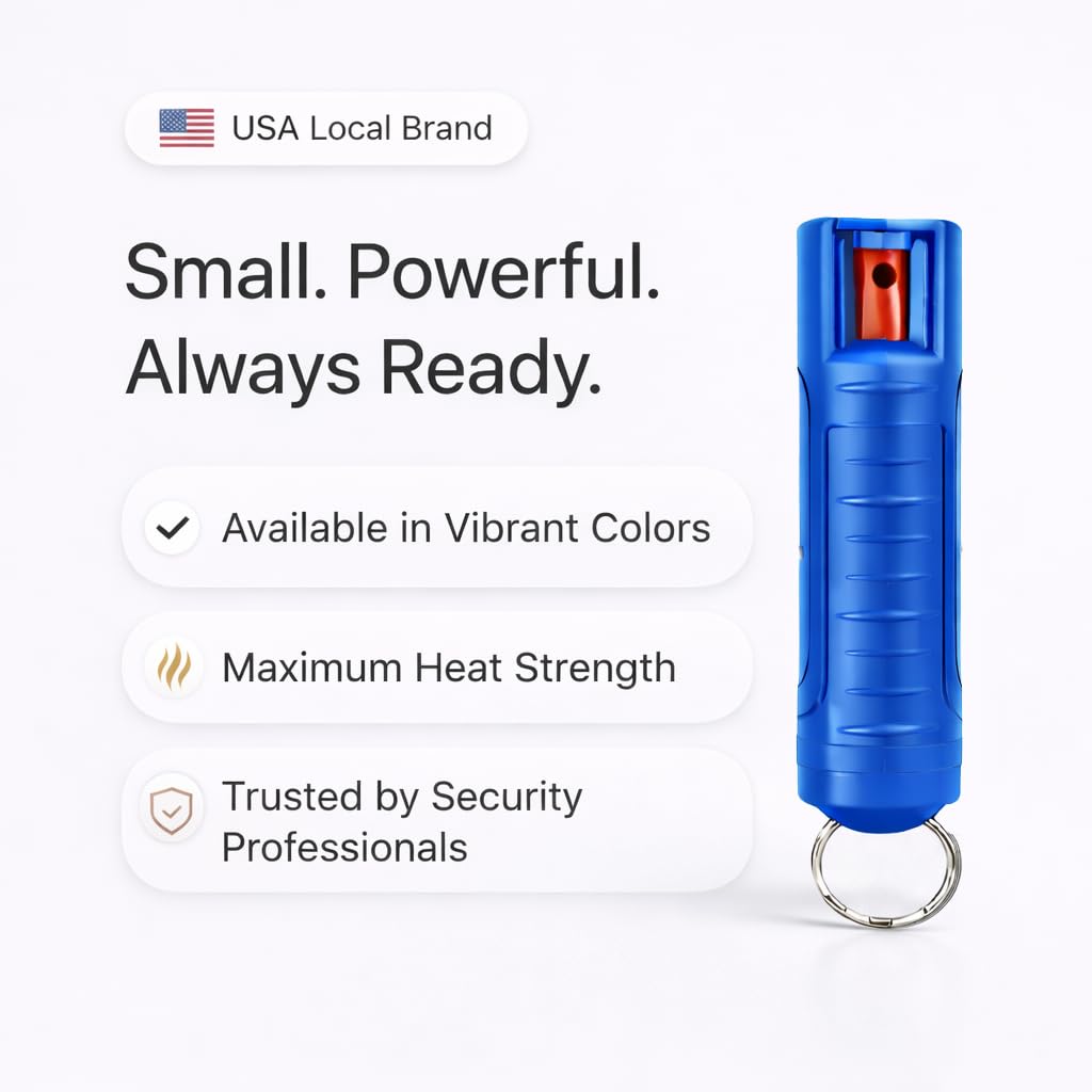 Burn Pepper Spray Keychain for Self Defense, 1/2oz Compact OC Spray for Women & Men, Police Grade with UV Dye, 16 Ft Range, Twist Top Safety Lock, Belt Clip, Pocket Personal Safety, Blue