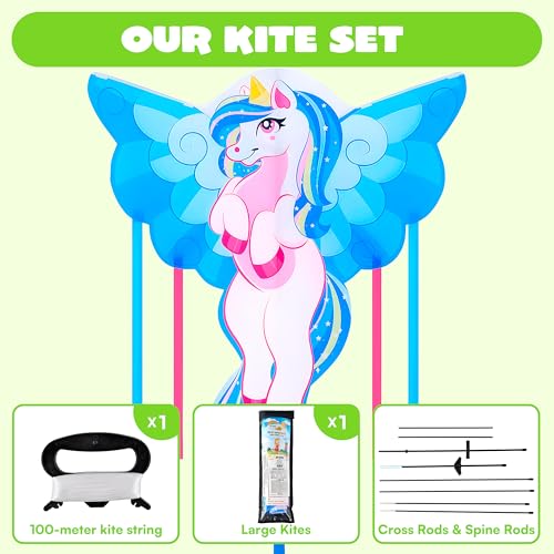 Blue Unicorn Kite - Large Easy Fly Beach Kite for Kids & Adults