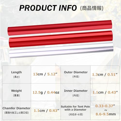 Tent Pole Repair Kit - 4 Pack Red Splints for 8.6-9.5mm Poles
