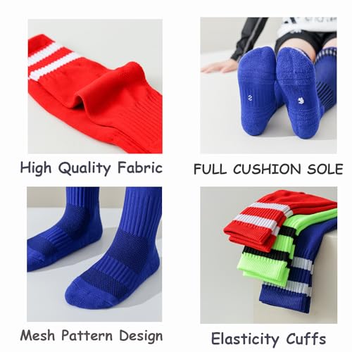 Kids Soccer Socks 5-7 Years Pack - Toddler Athletic Knee-High Football Socks (Black/Blue/White/Green)