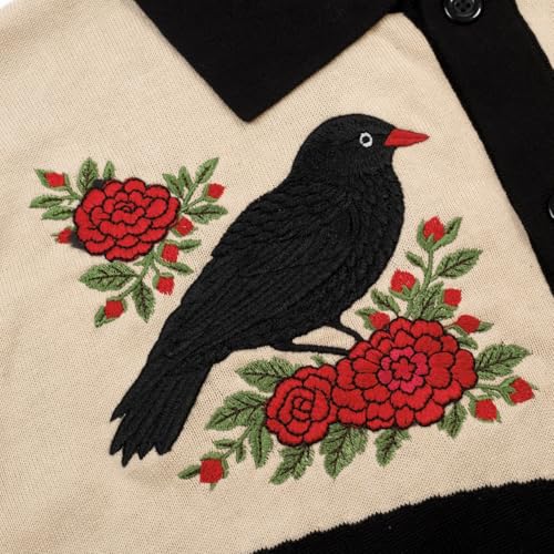 OXKNIT Men's Black Knit Polo Shirt XL Vintage Embroidered Bird & Flower Pattern