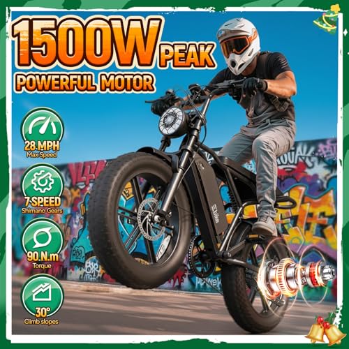Electric Fat Bike for Adults, 48V 15Ah, 1500W Motor - Black