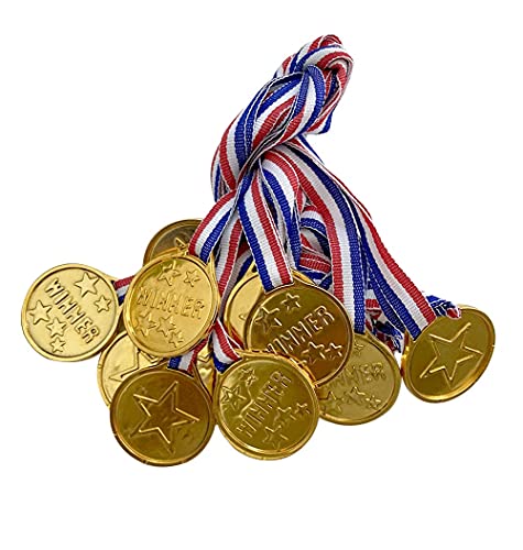 12PCS Gold Plastic Winner Medals with Ribbons for Parties