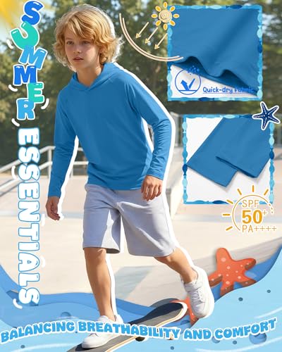 Boys Long Sleeve Rash Guard Hoodie UPF 50+ Sun Shirt - Royal Blue 9-10 Years