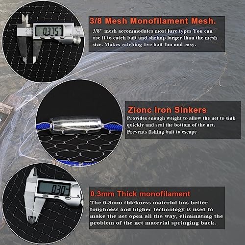 Drasry 10FT Cast Net with 3/8-inch Mesh, Zinc-Iron Sinkers, White, Heavy Duty Monofilament, Bait & Shrimp Trap