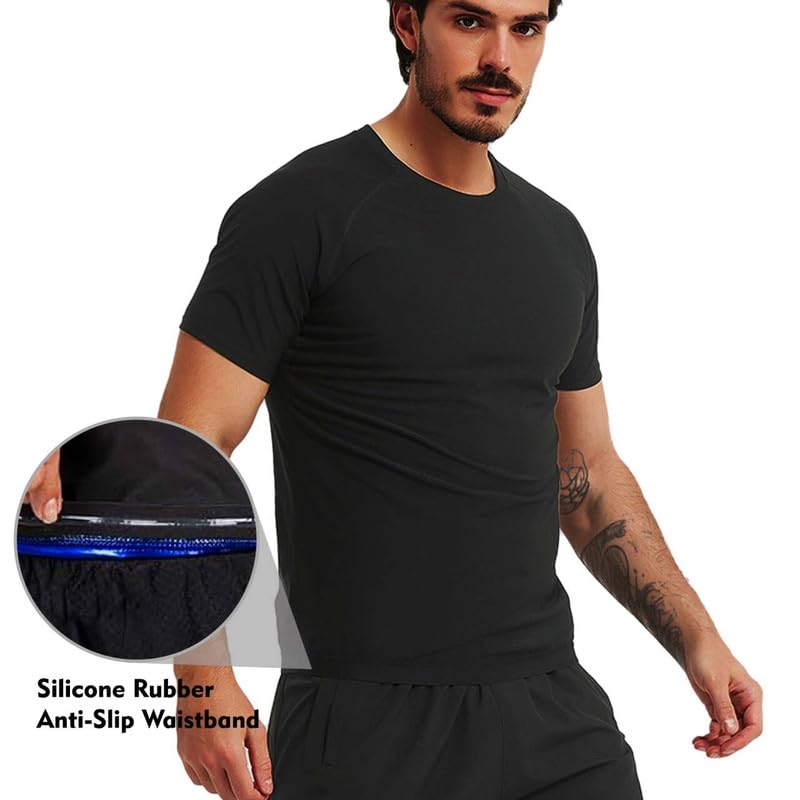 Men's Sauna Shirt - Short Sleeve Compression Workout T-Shirt - Black, Large