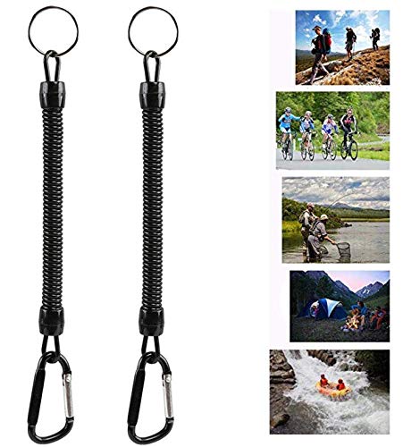 Pack of 6 Coiled Fishing Lanyards with Carabiners - Black