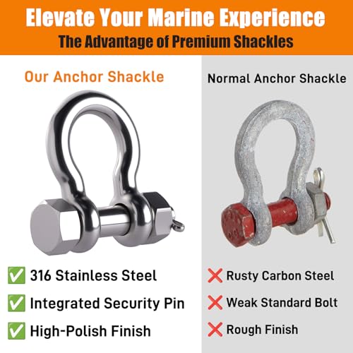 316 Stainless Steel Bow Shackle - Heavy Duty 3/8 Inch with Cotter Pin