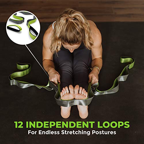 Stretching Strap for Physical Therapy - 8' Long, 12 Loops, Green/Grey