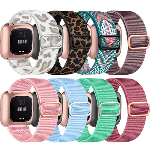 8 Pack Adjustable Elastic Nylon Sport Watch Bands for Fitbit Versa - Leopard, Arrowhead, Purple, Twill Light Pi Variants