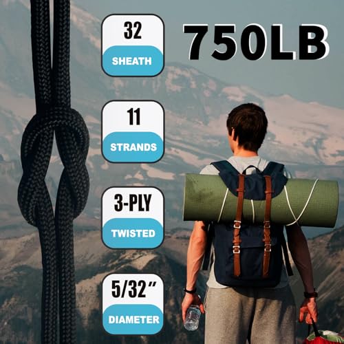 750lb Paracord 4mm 11-Strand Heavy Duty Nylon Rope - Light Gray, 50ft