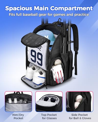 MATEIN PRO Youth Baseball Backpack Black with Collapsible Shoe Compartment & Bat Holders