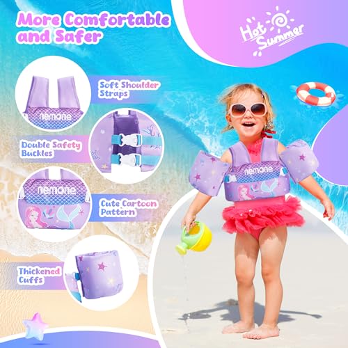 NEMONE 22-70 lb Toddler Swim Vest with Detachable Arm Water Wings - Purple Mermaid