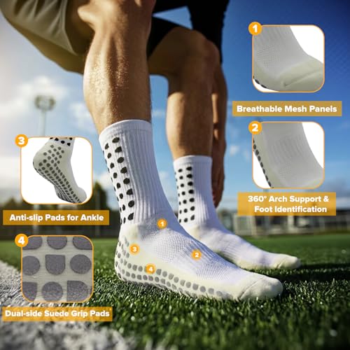 Yufree Soccer Grip Socks - Ultra Traction, 4 Pairs, One Size White