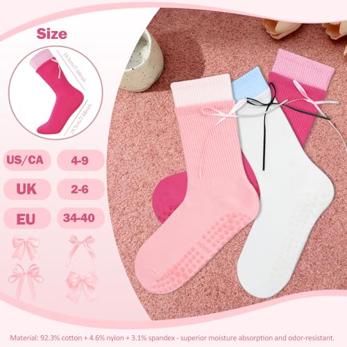 Grippy Pilates Crew Socks for Women - Cotton Anti-Slip - Magenta/Pink/White