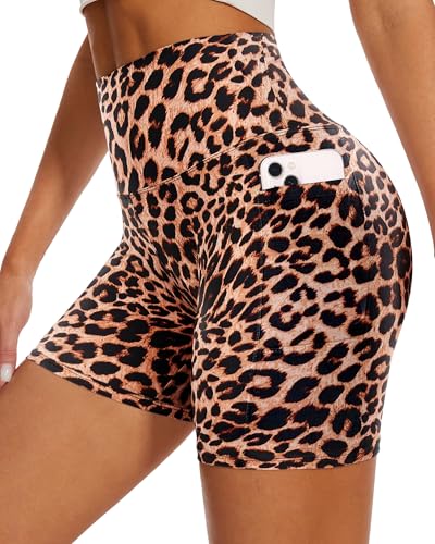 Women’s High Waisted Biker Shorts 5 Inch Pockets Leopard XX-Large-3X-Large