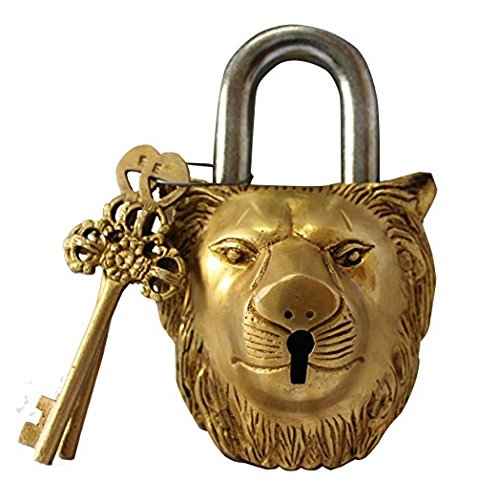 Brass Padlock - Lock with Keys - Working Functional - Brass Made - Type : (Lion - Brass Finish)
