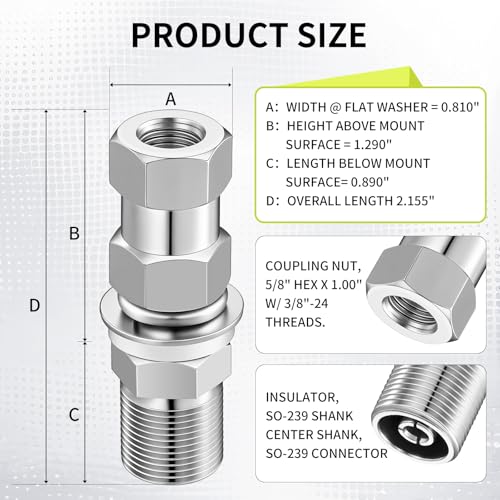 CB Radio Antenna Mount Adapter 3/8 X 24 Thread SO-239 Stud Mount for Vehicles