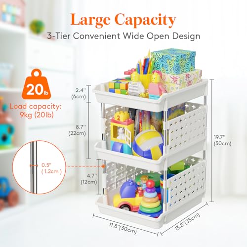 Lifewit Plastic Stackable Storage Baskets, 3 Tier Stacking Bins 13.8"D x 11.8"W x 21.3"H, Large Capacity Multi-Functional Containers Shelves for Pantry, Playroom, Kitchen and Bedroom, 1 Pack, White