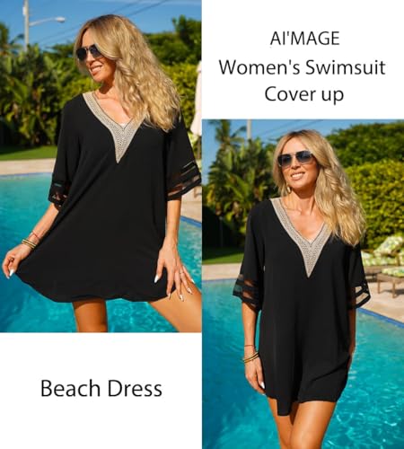 Women's Beach Cover Up - 3/4 Bell Sleeve Deep V-Neck - Black, X-Large