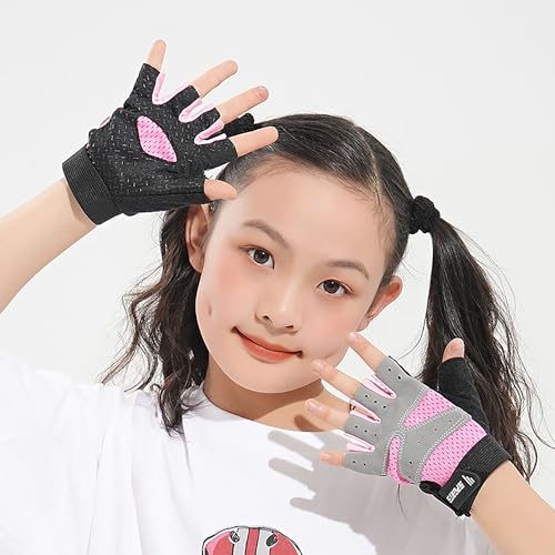 Kids Half-Finger Cycling Gloves - Breathable Anti-Slip Bike Gloves - Pink / M