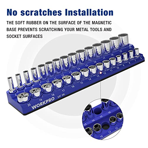 WORKPRO Magnetic Socket Organizer Set, 3-Piece Socket Holder Set Includes 1/4", 3/8" and 1/2" Drive Metric Socket Trays, Holds 75 Pieces Standard Size and Deep Size Sockets(Socket not Included)