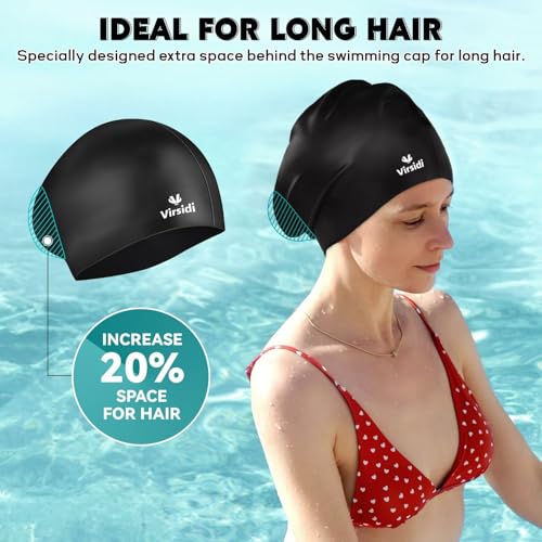 Silicone Swim Cap for Women Men Adults Black & Rose - Waterproof Hair Protection with Earplugs & Nose Clip