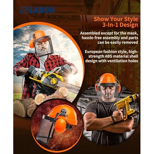 LANON Industrial Forestry Safety Helmet Protection System, ANSI Approved Chainsaw Hard Hats with Adjustable Ear Muffs & Face Shield Visor, 6 Point Adjustable Ratchet Suspension, Class C, Orange