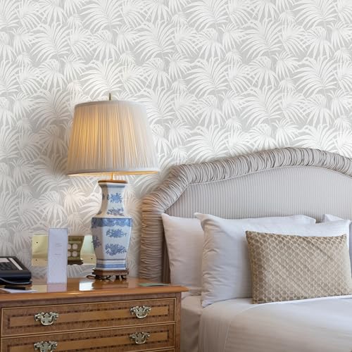 MelunMer Grey Leaf Peel and Stick Wallpaper Boho Gray Contact Paper Self Adhesive Wallpapers Removable Wallpaper for Bedroom/Bathroom Waterproof Modern Contact Paper for Cabinet Palm 78.7In L 17.3In W
